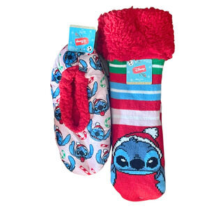 2 Prs Disney Stitch Christmas Ballet Slippers & Sherpa Calf Height Socks New